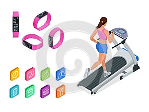 Isometric running on a treadmill and fitness bracelet or tracker isolated on white. Sports accessories, a wristband with