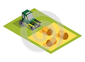 Isometric rural farm. Agricultural machinery on field with hay bales. Vector icon representing countryside element