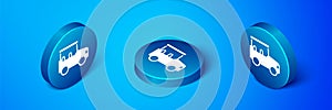 Isometric Safari car icon isolated on blue background. Blue circle button. Vector