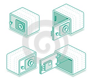 Isometric safe with open and closed doors. Outline object isolated on white background. Icon of security. Empty safe shown from