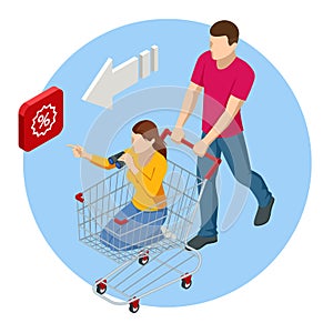 Isometric sale, seasonal discounts in shopping stores, discount time. Concept of sell or buy