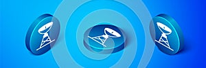 Isometric Satellite dish icon isolated on blue background. Radio antenna, astronomy and space research. Blue circle