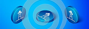 Isometric Satellite dish icon isolated on blue background. Radio antenna, astronomy and space research. Blue circle