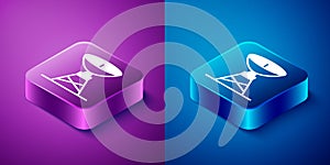 Isometric Satellite dish icon isolated on blue and purple background. Radio antenna, astronomy and space research