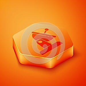 Isometric Satellite dish icon isolated on orange background. Radio antenna, astronomy and space research. Orange hexagon button.