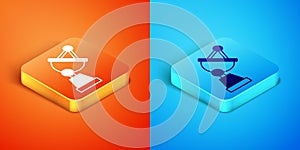 Isometric Satellite dish icon isolated on orange and blue background. Radio antenna, astronomy and space research