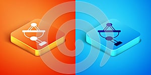 Isometric Satellite dish icon isolated on orange and blue background. Radio antenna, astronomy and space research