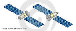 Isometric Satellite with open solar panels fly and transmit communication signal. Satellite communication and GPS navigation.
