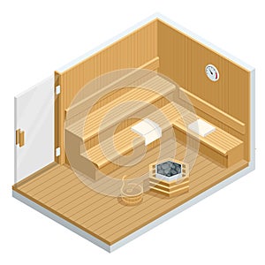 Isometric Sauna interior. Finnish sauna, classic wooden sauna. Wooden benches and loungers accessories for sauna, spa