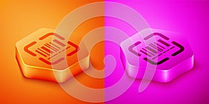 Isometric Scanner scanning bar code icon isolated on orange and pink background. Barcode label sticker. Identification