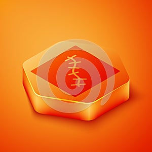 Isometric Scar with suture icon isolated on orange background. Orange hexagon button. Vector