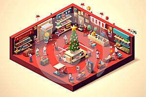 Isometric scene with Christmas decoration and christmas tree