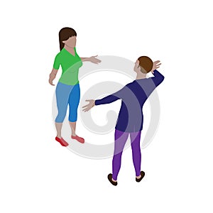 Isometric scene of man and woman who are talking and gesticulate actively. Isolated people in isometry. Couple of young people