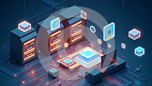 Isometric scene of a quantum data center, glowing core processors and floating computation symbols, tech infrastructure style