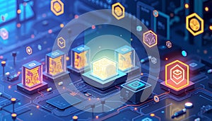 Isometric scene of a quantum data center, glowing core processors and floating computation symbols, tech infrastructure style 2