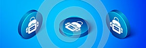 Isometric School backpack icon isolated on blue background. Blue circle button. Vector