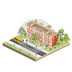 Isometric school building with yellow bus isolated on white background. Trees and road. Man goes to the school
