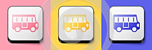 Isometric School Bus icon isolated on pink, yellow and blue background. Public transportation symbol. Square button
