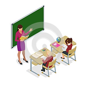 Isometric School children in classroom at lesson. Schoolroom for study. Teacher standing at chalkboard. Vector