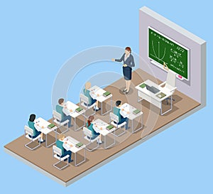Isometric school classroom. Group of school kids with teacher sitting in classroom. Education. Classroom design with