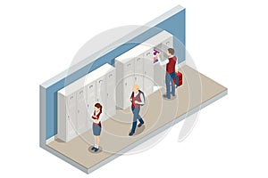 Isometric School lockers isolated in white background. Student in school at locker. White school metal locker with open