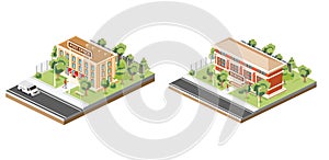 Isometric School and Post Office Building Isolated on White Background. Illustration. Trees and Van. Man Goes with a Parcel to the