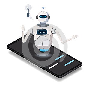 Isometric Science Chat bot, smartphone concept. On line store, shopping, assistent, sale, e-commerce. Artificial