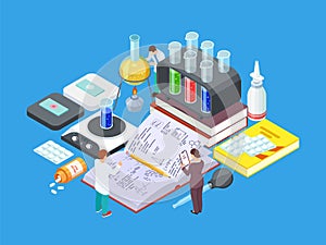 Isometric science lab. Vector medical research concept. Pharmaceutical industry, drug development