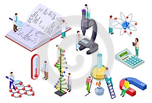 Isometric science set. Scientist and student with huge chemistry and physics lab equipment. Science laboratory education
