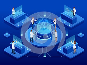 Isometric scientific development of Artificial Intelligence concept. Electric brain. Laboratory researching brain