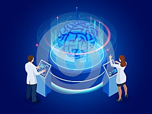 Isometric scientific development of Artificial Intelligence concept. Electric brain. Laboratory researching brain