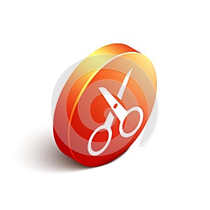 Isometric Scissors icon isolated on white background. Cutting tool sign. Orange circle button. Vector. Illustration