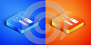 Isometric Screwdriver and wrench spanner tools icon isolated on blue and orange background. Service tool symbol. Square