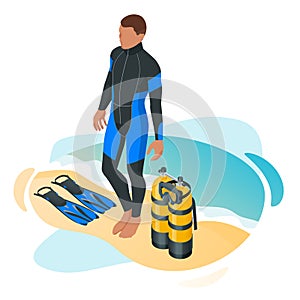 Isometric Scuba Diver after the dive is beached. Man Scuba Diving Equipment Enjoying Beach Holiday. Underwater sport.
