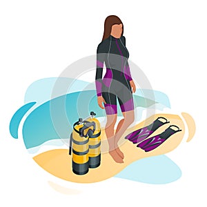 Isometric Scuba Diver after the dive is beached. Woman Scuba Diving Equipment Enjoying Beach Holiday. Underwater sport.