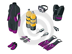 Isometric Scuba gear and accessories . Equipment for diving. IDiver wetsuit, scuba mask, snorkel, fins, regulator dive