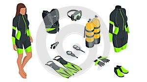 Isometric Scuba gear and accessories . Equipment for diving. IDiver wetsuit, scuba mask, snorkel, fins, regulator dive