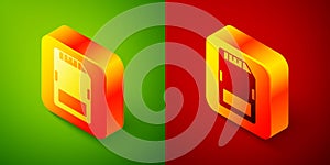 Isometric SD card icon isolated on green and red background. Memory card. Adapter icon. Square button. Vector