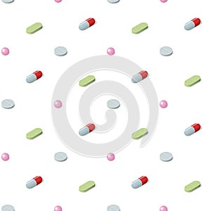 Isometric seamless pattern with different medical pills, tablets, capsules. Vector medical background.