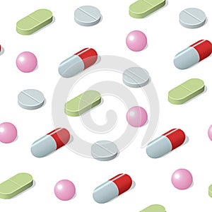 Isometric seamless pattern with different medical pills, tablets, capsules. Vector medical background.