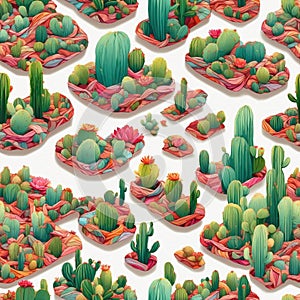 isometric seamless pattern image of cactus to use as texture for packaging, fabric, wallpaper, clothing