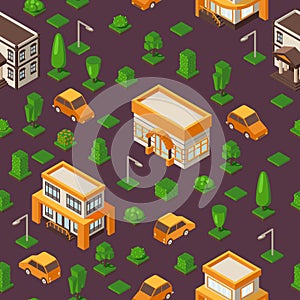 Isometric seamless pattern, vector illustration. Set of buildings and cars in geometric perspective. Isometric