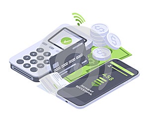 Isometric secure online cashier payment, safe mobile transaction concept. Online cashier internet payments vector background