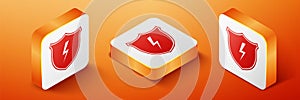 Isometric Secure shield with lightning icon isolated on orange background. Security, safety, protection, privacy concept