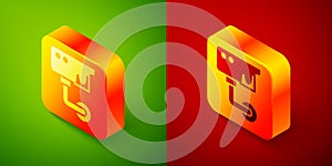 Isometric Security camera icon isolated on green and red background. Square button. Vector