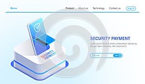 Isometric Security payment and data protection technology concept, online payment by smartphone and credit card with safety