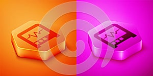 Isometric Seismograph icon isolated on orange and pink background. Earthquake analog seismograph. Hexagon button. Vector