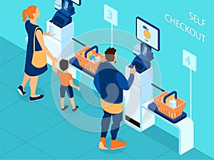 Isometric Self Checkout Supermarket Composition