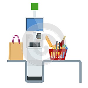 Isometric self-service cashier or terminal. Point with self-service checkout in the supermarket.
