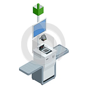 Isometric self-service cashier or terminal. Point with self-service checkout in the supermarket.